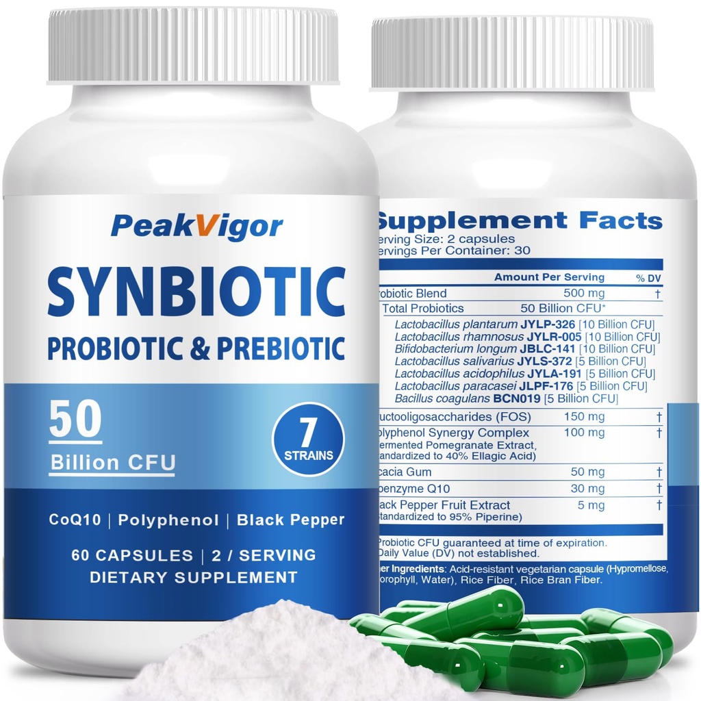 50 Billion CFU Probiotic Supplement with FOS Prebiotics, CoQ10 & Polyphenol – 7 Strain Synbiotic Formula with Black Pepper – Vegan, Non-GMO, Gluten Free, 60 Count