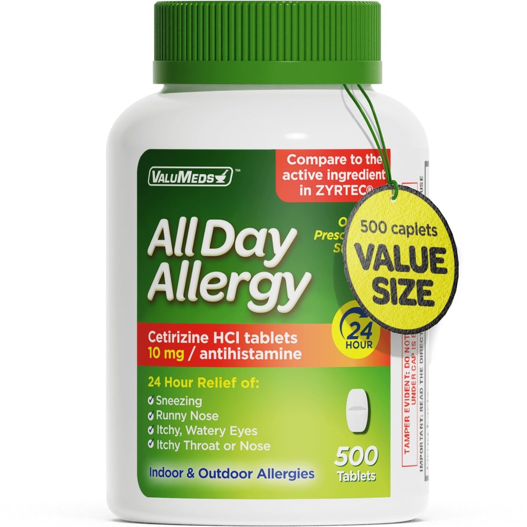 ValuMeds 24-Hour Allergy Medicine Antihistamine for Pollen, Hay Fever, Dry, Itchy Eyes, Allergies | Cetirizine HCl 10mg Caplets, Compare to Leading Brand (500 Count)