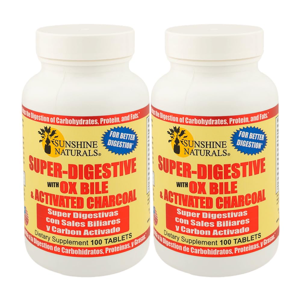 Sunshine Naturals Super Supplément digestif. Bile d'oxygène et charbon activé pour le soutien digestif, le dégel, le nettoyage des intestins, l'absorption des nutriments et le bien-être général. 100 comprimés. Boîte de 2
