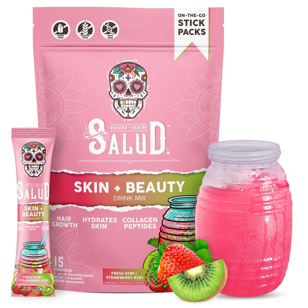 Salud 2-in-1 Skin + Beauty Drink Mix Packets, Strawberry Kiwi, Collagen Peptides with Verisol, Hyaluronic Acid, Vitamin C, Biotin + Lustriva, Hydration Sticks, Gluten Free, (15 Servings)