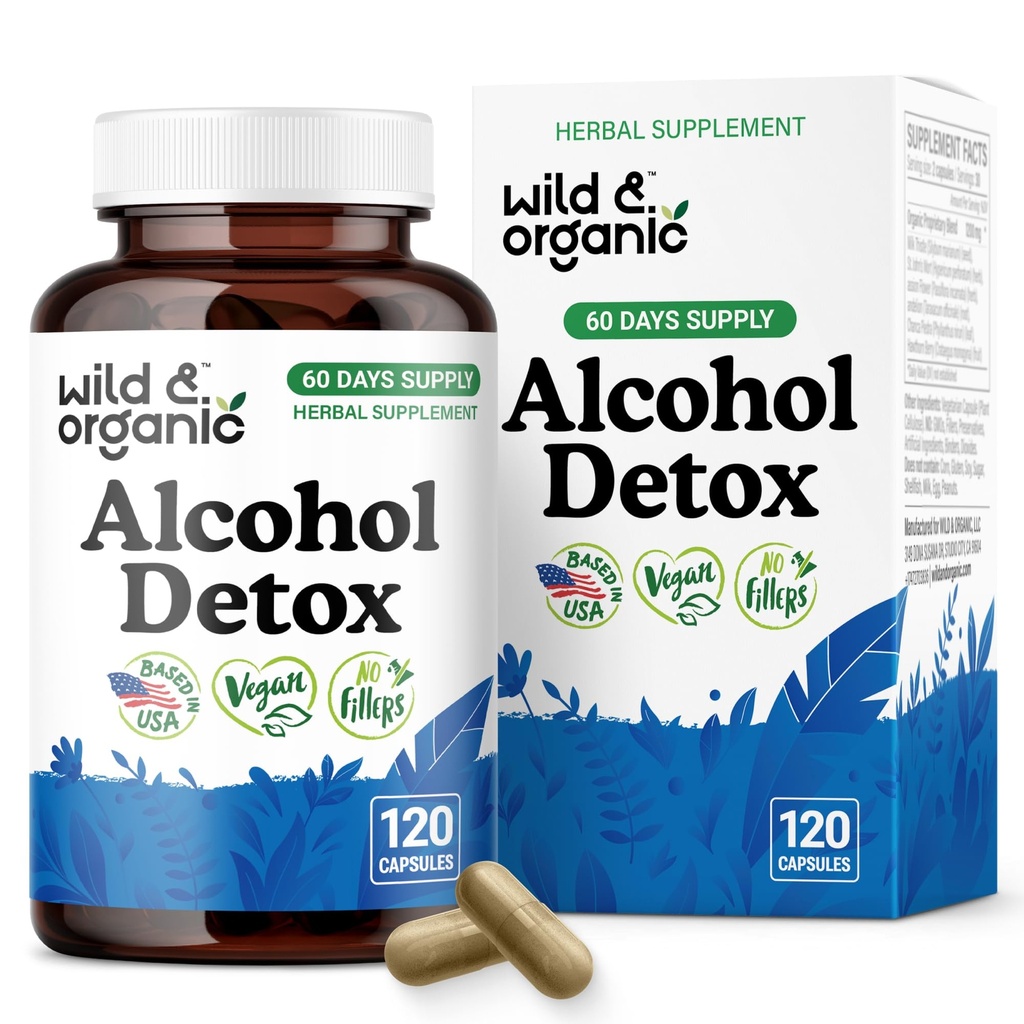 Wild & Organic Alcohol Detox Capsules - Liver & Kidney Support Formula - Milk Thistle, Dandelion Root & Chanca Piedra - Vegan, No Fillers, Non-GMO - 120 Count