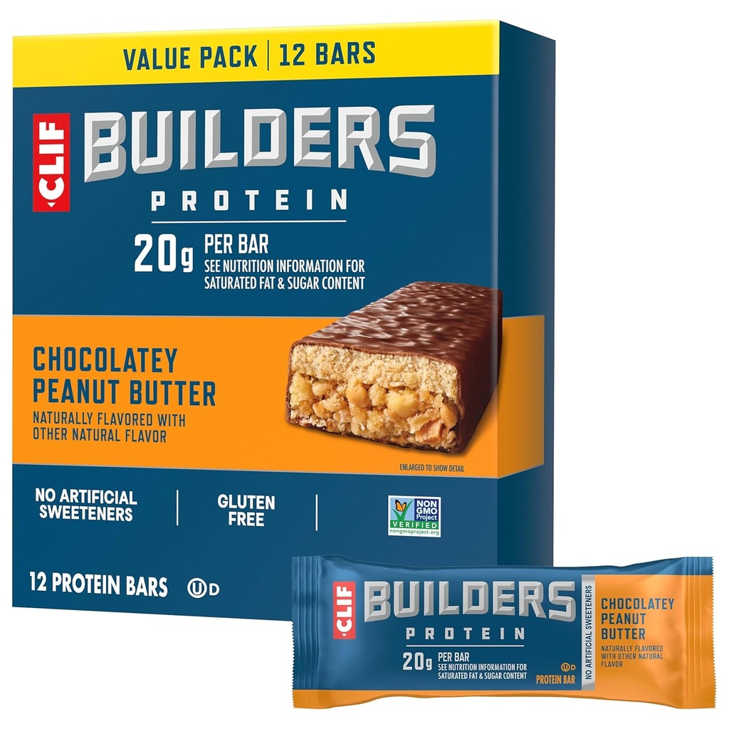 CLIF BUILDERS Barres protéinées - Chocolate Butter Flavor - 20g Protéines végétales - Sans gluten - Non-OGM - Faible glycémique - Pas d'édulcorants artificiels - Pack de valeur, 2,4 oz (12 Nombre)