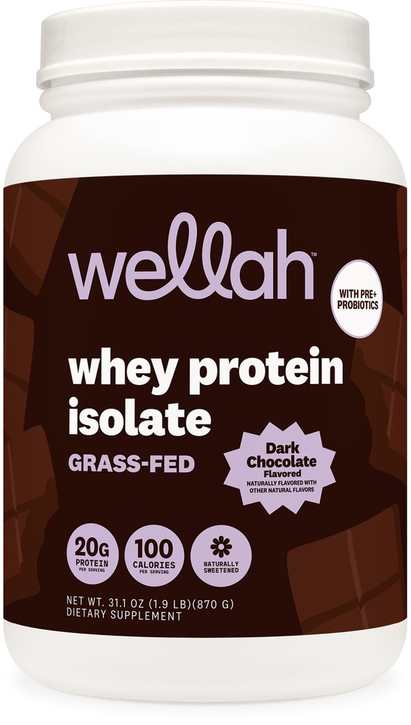 Wellah Grass-Fed Whey Protein Isolate Powder (Dark Chocolate) 30 Servings - with Prebiotics, Enzymes & Probiotics, 20g of Protein, 100 Calories, Naturally Sweetened