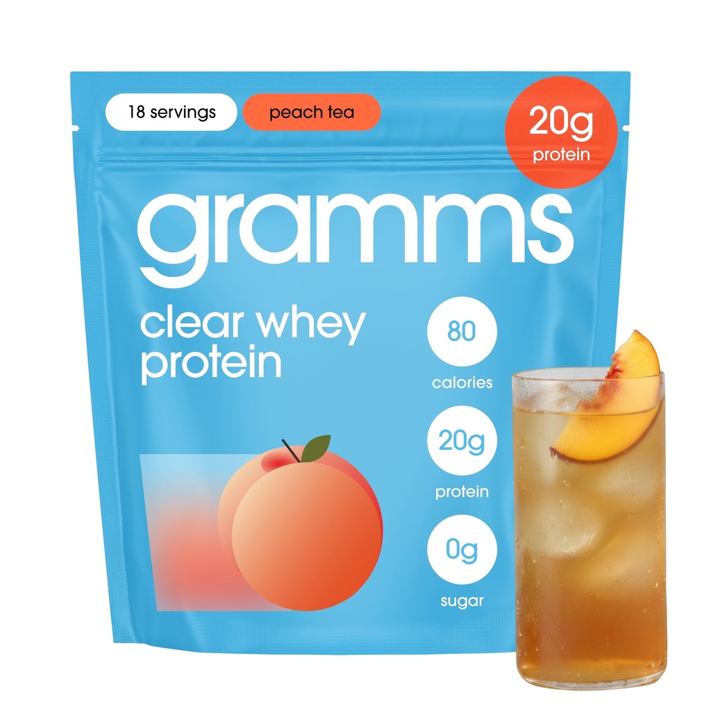 GRAMMS Clear Protein Powder Packets 20G Protein for Women & Men | Lactose Free, Grass-Fed Whey Isolate, Gluten Free, Zero Sugar, Gut Friendly, Non-Bloating (Peach Tea-18 Servings)