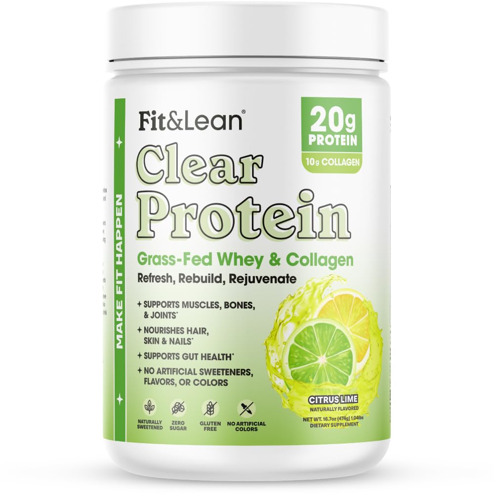 Fit & Lean Clear Protein Powder with Whey Isolate Protein and Collagen, Grass Fed, Muscle Recovery, Skin, Joints, GLP-1 Support, 0g Sugar, Citrus Lime, 20 Servings