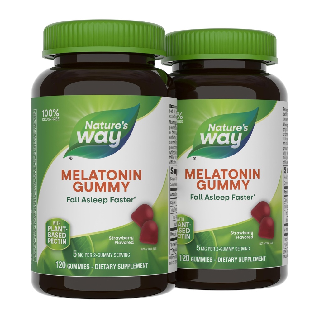 Nature's Way Adult Melatonin Gummies, Sleep Support*, 5 mg Melatonin per 2-Gummy Serving, Helps Support Restful Sleep*, Fall Asleep Faster*, Strawberry Flavored, 120 Gummies (Set of 2)