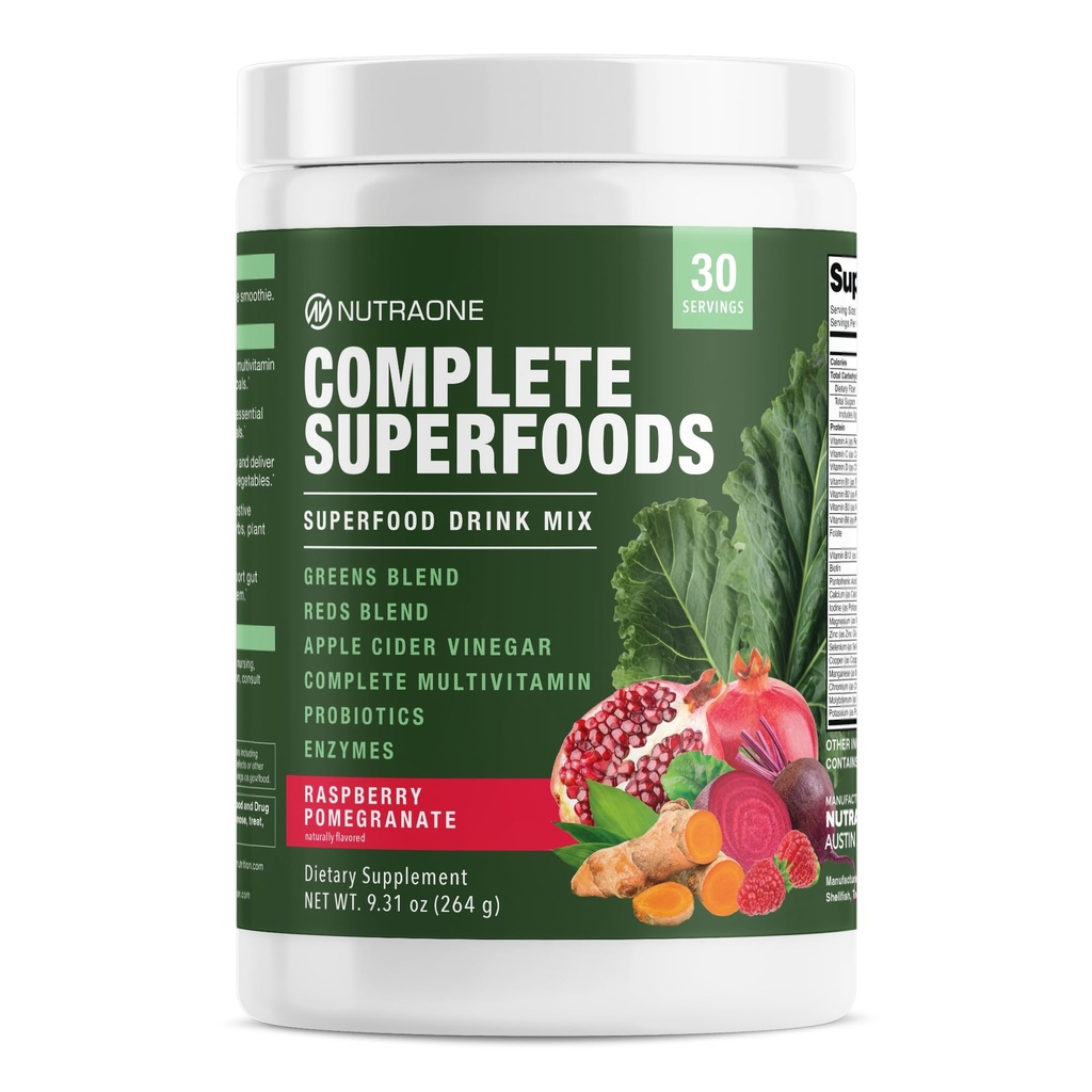 Complete Superfoods, Greens & Reds Blend*, vinaigre de cidre de pomme, mélange d'enzymes digestives*, mélange probiotique*, multivitamine* (grain de framboise - 30 portions)