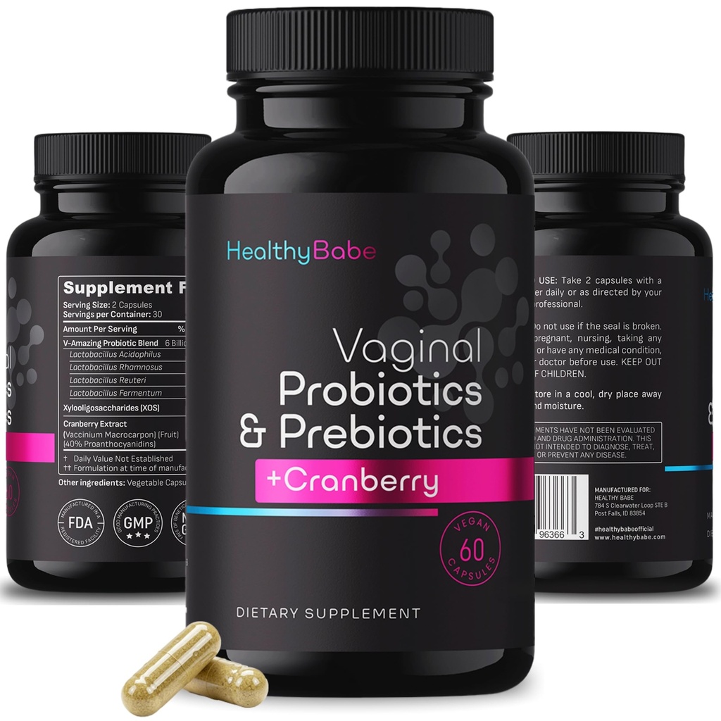 Probiotiques vaginaux pour bébés en santé pour femmes + prébiotiques et pilules de canneberge, pH équilibre, odorat en santé, levure, soutien immunitaire, santé positive au microbiome, femmes Acidophilus Probiotique, 60 capsules végétaliennes