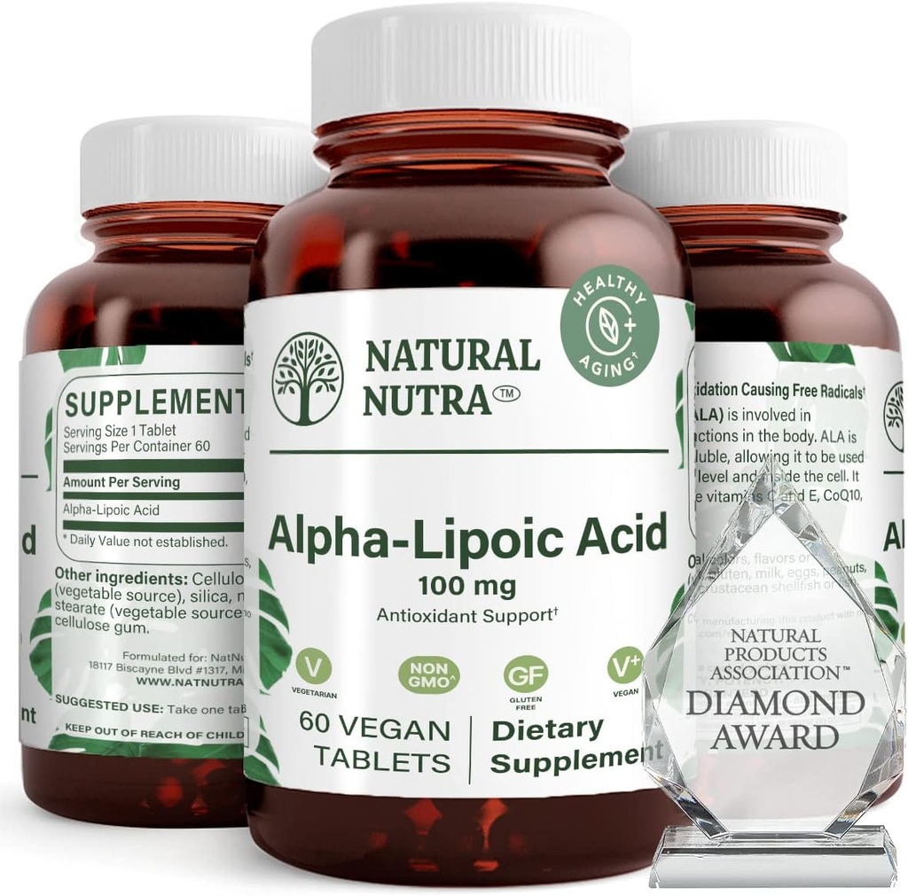 Acide lipoïque naturel Nutra R-Alpha, améliorer la santé osseuse et cardiaque, améliorer la fonction mémoire, améliorer la fonction nerveuse contribue à la santé globale, sans gluten 100 mg, 60 comprimés végétaliens et végétariens.