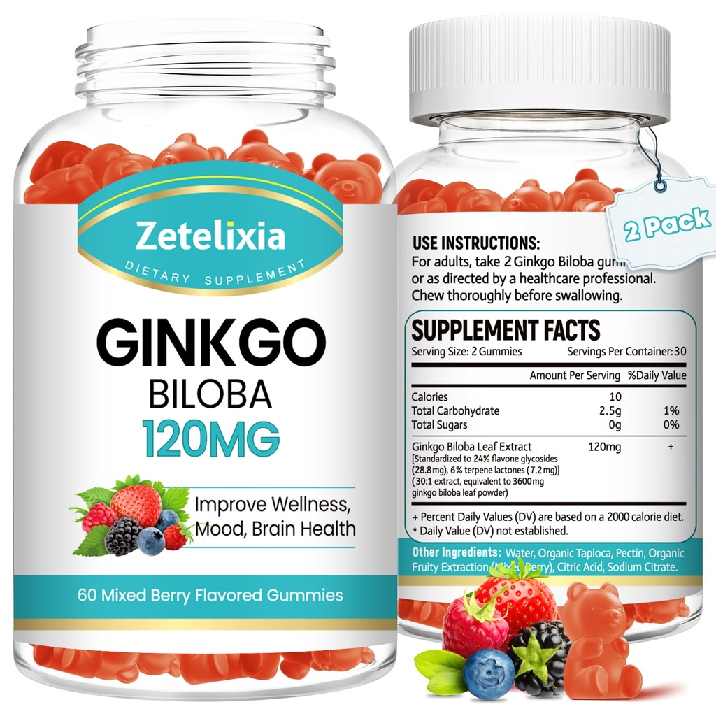 2 Pack Ginkgo Biloba Gummies pour les femmes et les hommes, Supplément Cerveau Améliorer l'humeur et le focus, Vegan Mixed Berry Flavor 120 Comte