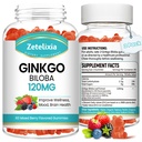 2 Pack Ginkgo Biloba Gummies pour les femmes et les hommes, Supplément Cerveau Améliorer l'humeur et le focus, Vegan Mixed Berry Flavor 120 Comte