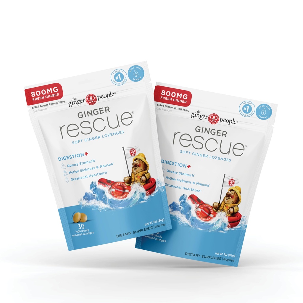 The Ginger People Ginger Rescue Digestive Wellness Lozenges (Soft) | Extra Strength - 800mg | Nausea, Upset Stomach, Motion Sickness, Mild Heartburn, Indigestion, 30 Count (Pack of 2)