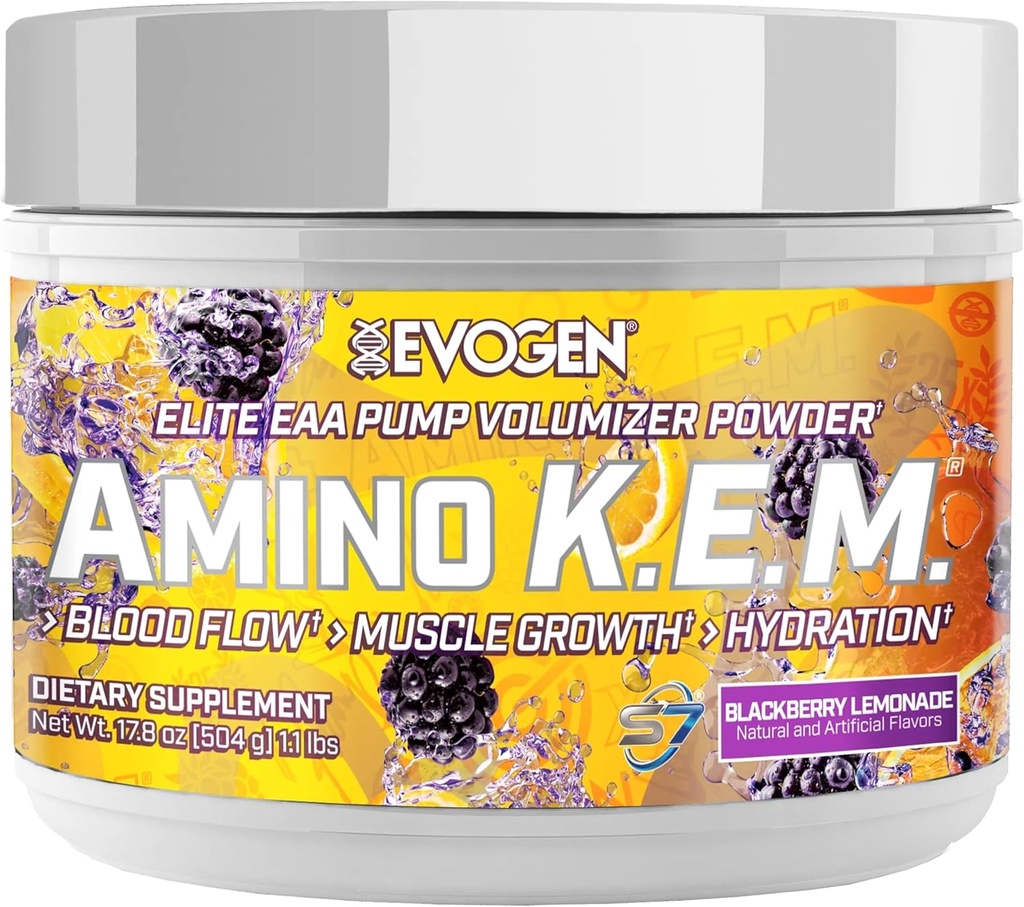 Evogen Amino K.E.M. - Volumisateur de pompe à poudre EAA & BCAA BCAAs Amino Acides Supplément pour le flux sanguin, la croissance musculaire et l'hydratation