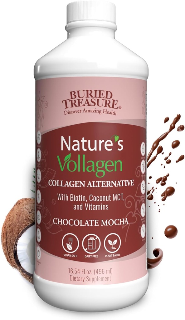 Volagène de la nature au trésor enseveli – complexe de volagène de 2000mg, peau, cheveux et santé articulaire, 100% végétale, sans gluten, sans soja, sans laiterie, chocolat Moka Flavor, 16oz liquide
