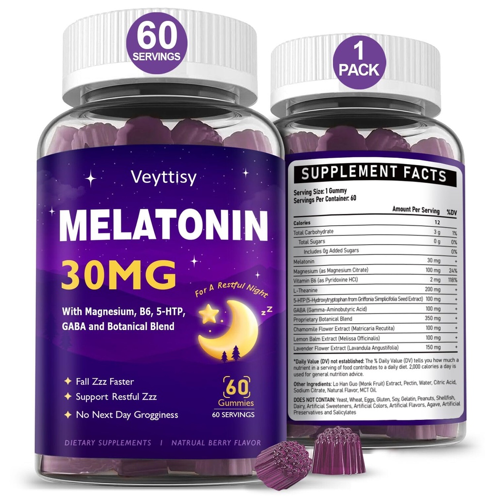 Melatonin 30mg Gummies for Adults - Sugar Free Melatonin Gummies Maximum Strength with Magnesium, B6, GABA & Botanical Blend - Non-Habit Forming,Vegan, Non GMO, Natural Mixed Berry Flavor