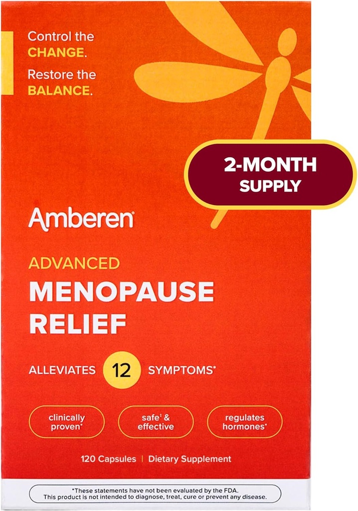 Supplément de ménopause Amberen pour les femmes, 120 capsules, cliniquement prouvé, aide à soutenir l'équilibre hormonal, aide à soulager 12 symptômes de ménopause: Flashs chauds, Sueurs de nuit, Swings d'humeur et plus