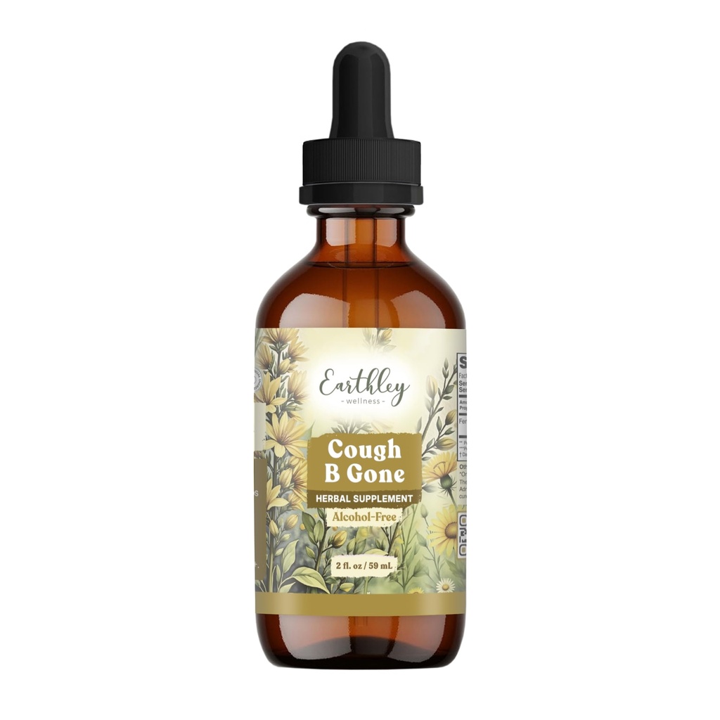 Earthley Wellness, Toux-B-Gone, Teinture à base de plantes sans alcool pour les enfants et les adultes (6 mois et plus), Remède à froid et à la toux, Gorges apaisantes, favorise la santé pulmonaire et la désintoxication (2oz, enfants)