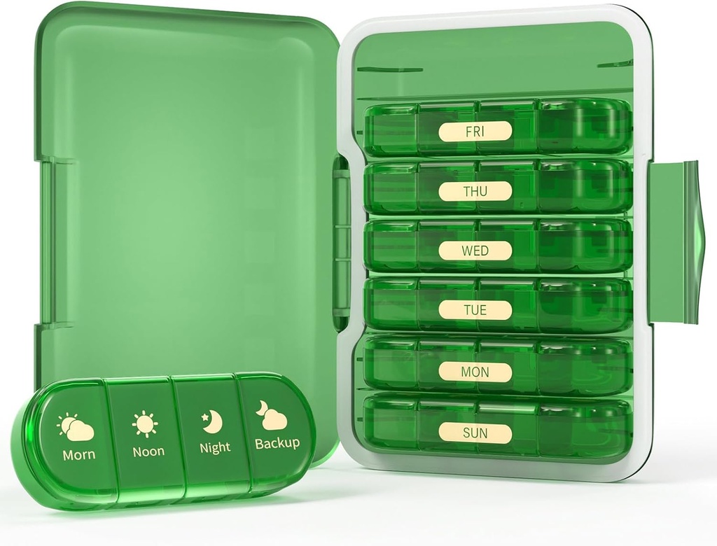 Organisateur hebdomadaire de pilules 4 fois par jour, boîte à pilules de 7 jours 4X, Portable for Travel Pill Case for Pills/Vitamine/Pish Oil/Medication/Supplements (4x7 Vert)