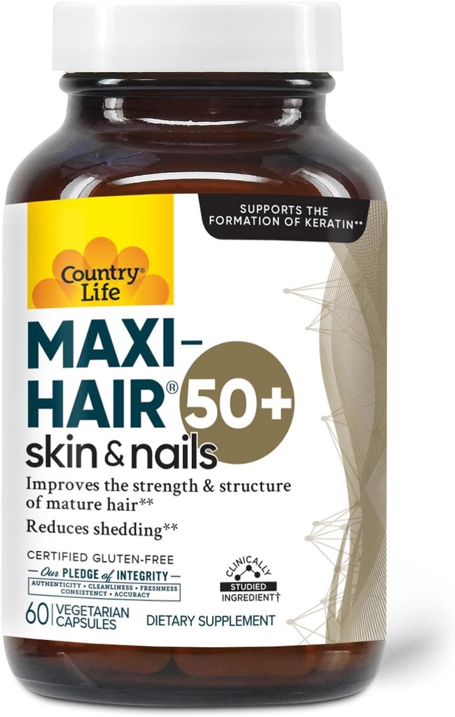 Country Life Maxi-Hair 50+ – Supplément cheveux, peau et ongles à base de biotine pour les femmes et les hommes de plus de 50 ans soutient la croissance des cheveux en santé et le cheding réduit.