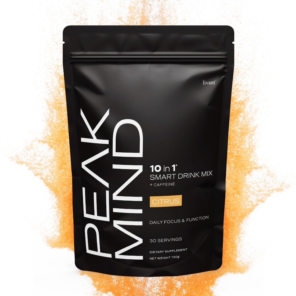 Livant Peak Mind – 10-in-1 Cognitive Support Drink Mix for Focus, Memory & Mental Clarity, Sugar-Free, 55mg Caffeine, 30 Servings, Citrus