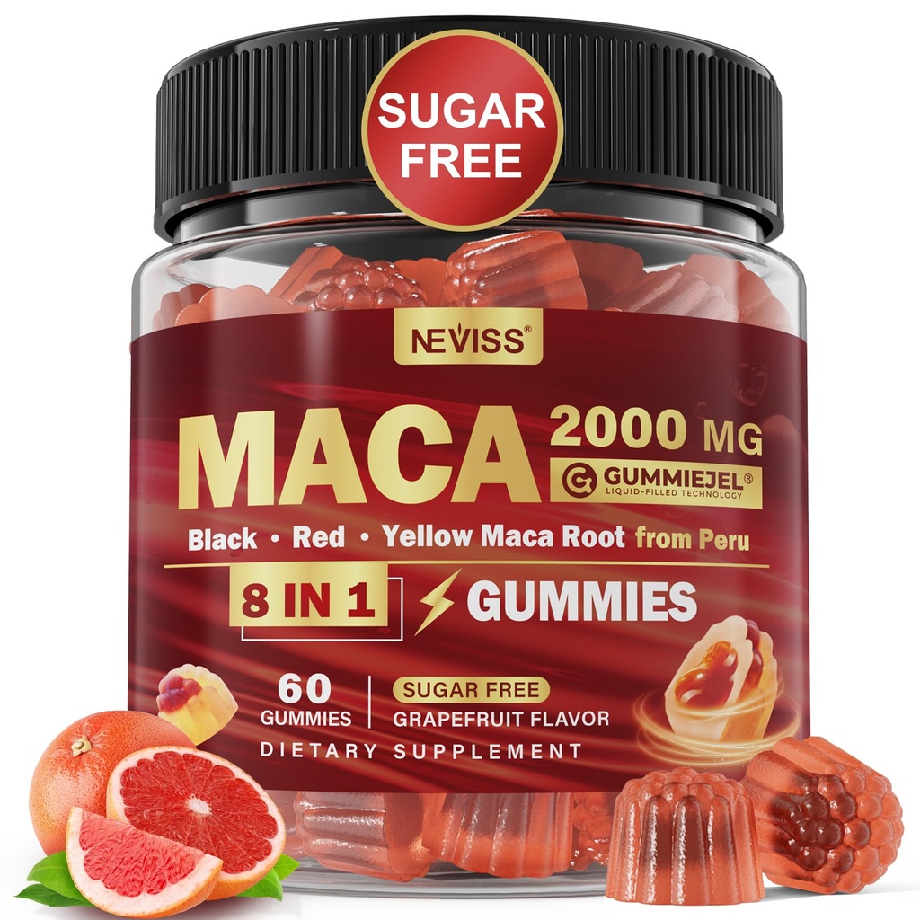 Gummées de racine de maca 2000mg pour les femmes Hommes Sans sucre , Noir biologique , Rouge , Supplément de racine de maca Gummy Chews avec Ashwagandha Ginseng & Zinc , Vegan , Non-OGM , Flaveur de pamplemousse , 60 comte
