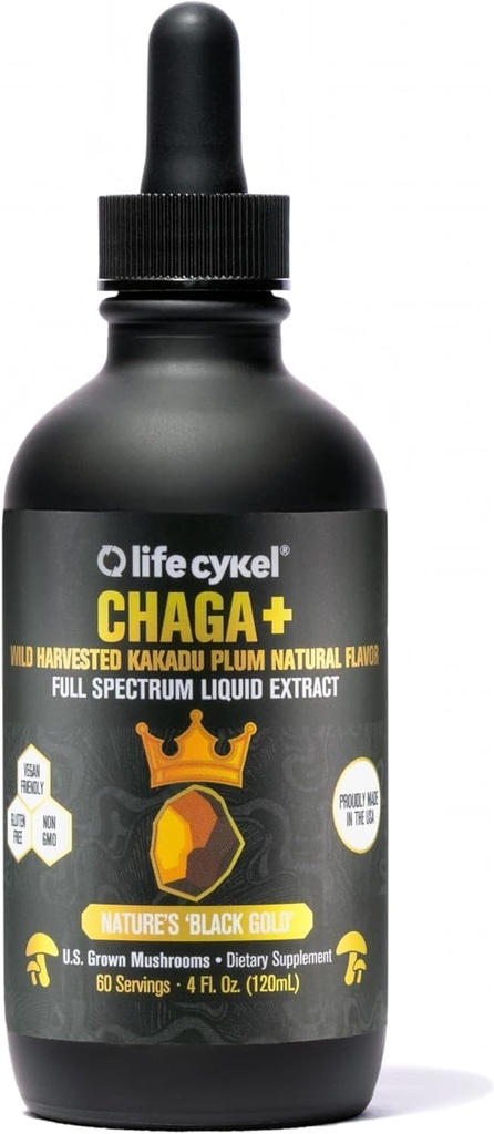 Life Cykel - Chaga Mushroom Extract with Kakadu Plum - Double Extracted Mushroom Tincture - Non-GMO Immune Support Supplement for Adults and Kids - 4 Fl Oz