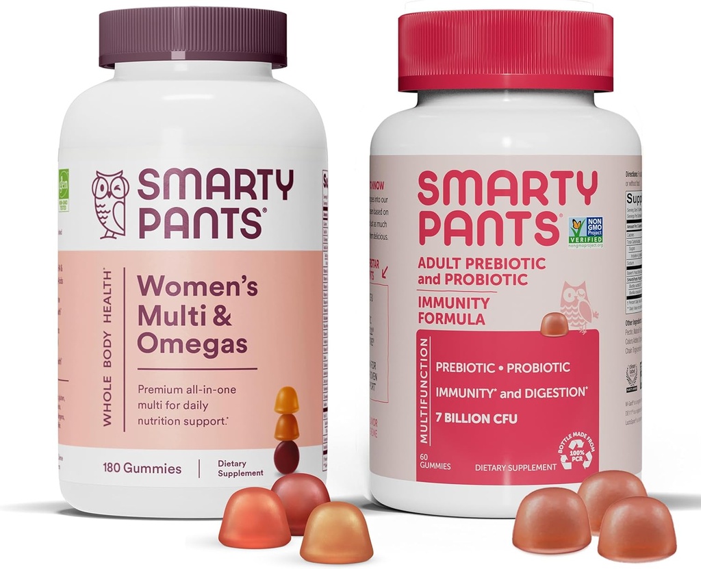 Ensemble de multivitamines et d'immunité probiotiques pour femmes SmartyPants : huile de poisson Omega 3 (EPA/DHA), méthylfolate, CoQ10, vitamine D3, C, supplément de soutien digestif et immunitaire (30 jours)