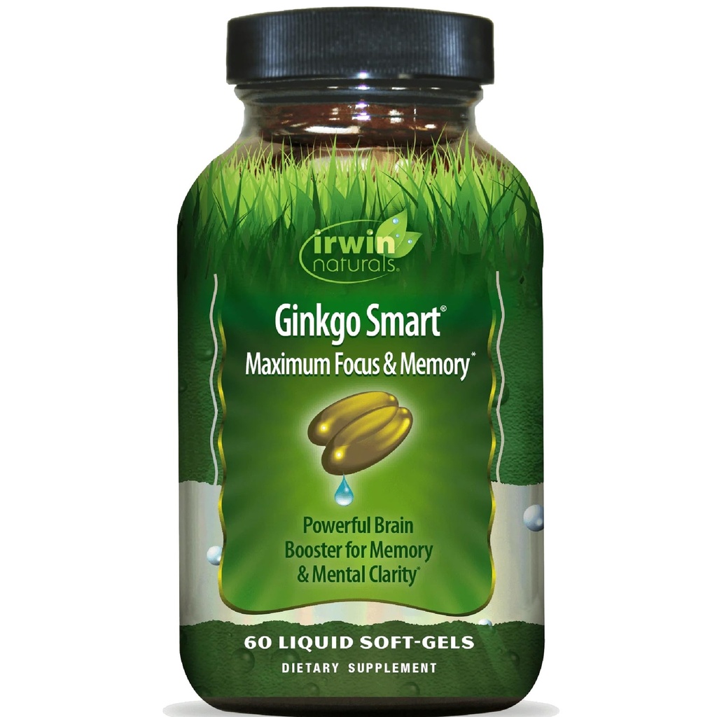 Irwin Naturals Ginkgo Smart - Brain Supplements for Memory and Focus with Ginkgo Biloba, Acetyl-L-Carnitine, DMAE and BioPerine® for Superior Absorption - 60 Liquid Soft-Gels