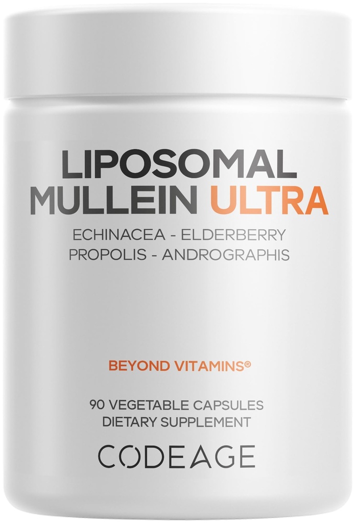 Codeage Liposomal Mullein Ultra Supplement - Mullein 10:1 Extract, Elderberry, Bee Propolis, Echinacea, Ginger Root, Andrographis, Kudzu, Vitamins, Elecampane, Eleuthero, Isatis, Non-GMO - 90 Capsules