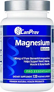 Malate de magnésium CanPrev, 120 capsules de légumes, 120 jours d'approvisionnement, 180mg Magnésium élémentaire et 540mg Acide malique, végétalien et non-OGM, soutient la relaxation, l'énergie, la fonction musculaire, la force osseuse et le bien-être général