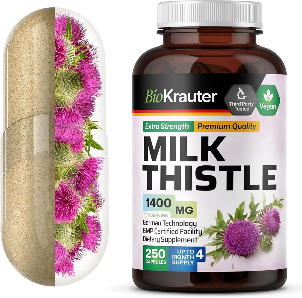 BIO KRAUTER Capsules de chardon de lait 1400 mg - 250 Compte - Supplément de désintoxication et de nettoyage du foie - Capsules de silymarin végétaliens - Poudre de chardon de lait - Non OGM