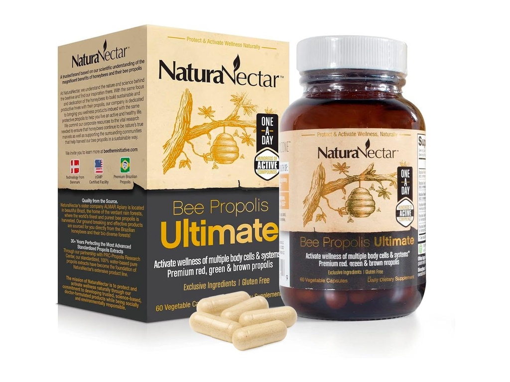 NaturaNectar - Ultimate Bee Propolis Capsules - NSF Contents Certified - Brésilian Red, Brown, & Green - Supplément sans gluten avec des flavonoïdes - naturellement issu de l'apiculture éthique (60pcs.)