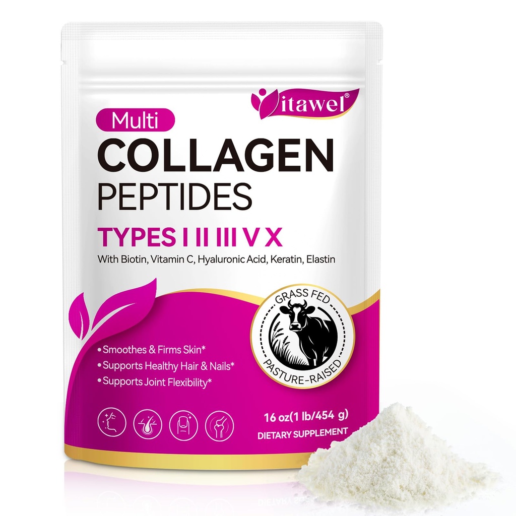 Collagen Peptides Powder, Multi Type I II III V X with Hyaluronic Acid, Biotin & Vitamin C, Unflavored Hydrolyzed Protein, Collagen for Women, Men, Keto & Paleo Friendly, Unflavored, 16 oz