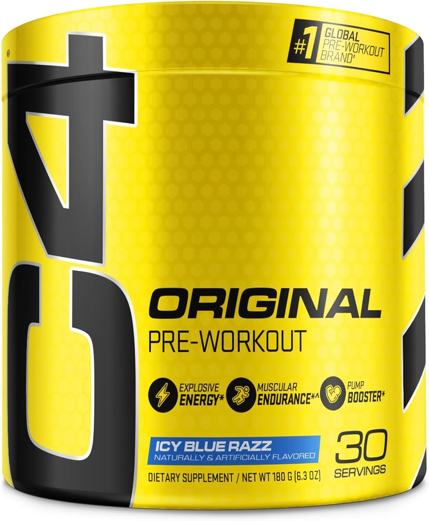 Cellucor C4 Poudre de pré-entraînement originale ICY Razz bleu de la vitamine C pour le soutien immunitaire de sucre gratuit énergie de pré-entraînement pour les hommes et les femmes de 150mg caféine + Beta Alanine + Créatine de 30 portions
