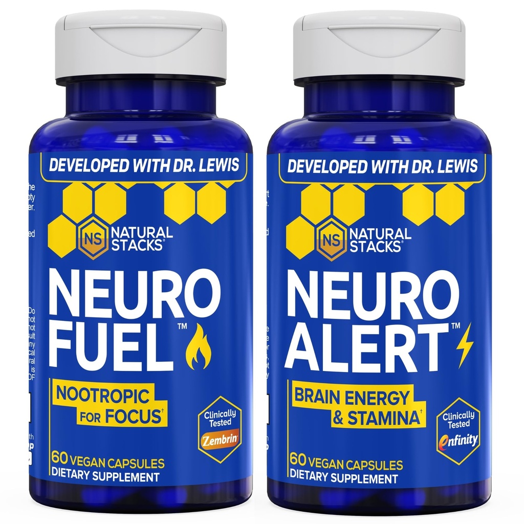 NATURAL STACKS NeuroAlert + NeuroFuel Nootropic with Zembrin Bundle - 200mg Paraxanthine & 25mg Kanna Extract Supplement - Caffeine Free Supplement - Support for Energy & Focus* - 60 Total Servings