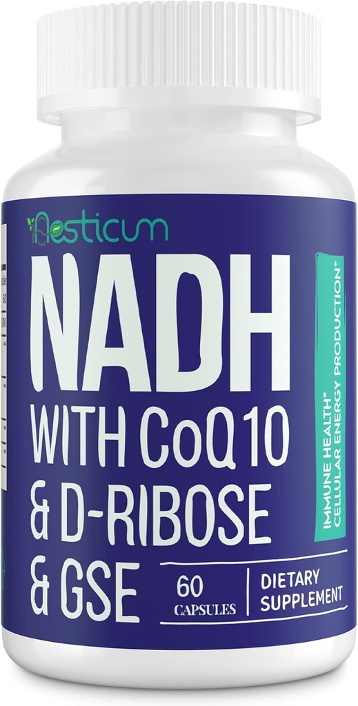 NADH 50mg + CoQ10 200mg + Supplément D-Ribose 150mg, stimuler NAD+ Suppléments pour système immunitaire, énergie cellulaire, focus, dinucléotide d'adénine de Nicotinamide réduit, 60 capsules de Veggie