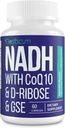 NADH 50mg + CoQ10 200mg + Supplément D-Ribose 150mg, stimuler NAD+ Suppléments pour système immunitaire, énergie cellulaire, focus, dinucléotide d'adénine de Nicotinamide réduit, 60 capsules de Veggie