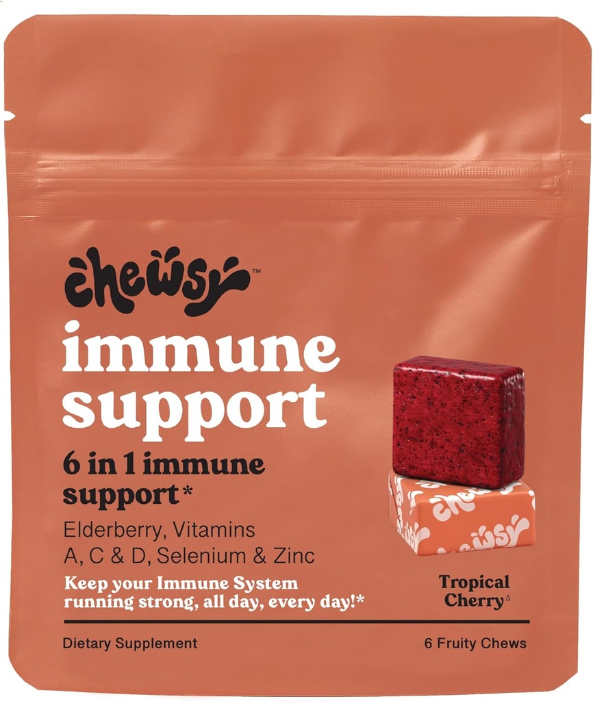 Chewsy - 6-en-1 Immune Soutien Chews fruités avec des baies de sureau - vitamine C, A et D, zinc et sélénium - emballés individuellement - 6 jours d'approvisionnement
