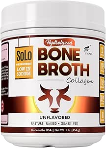 Solo Bone Broth Protein Collagen Poudre à faible teneur en sodium, 16g Collagène hydrolysé de type I et III, pour la peau saine, les ongles, les cheveux, les articulations et la digestion, gazon, 1 lb (Canister - Net Wt. 1 lb. Poudre)