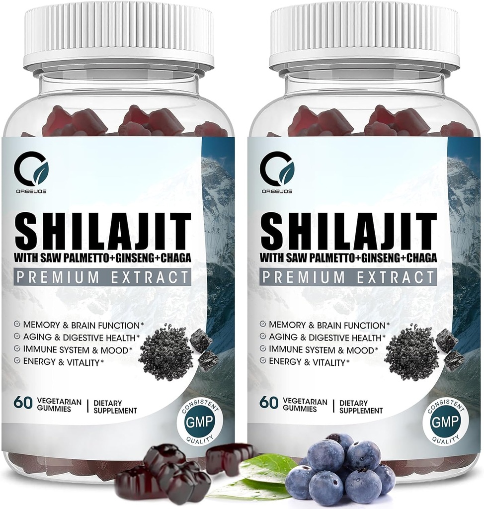 Gummies Himalayan Shilajit avec 85+ Trace Minerals & Fulvic Acid for Energy, Immune, Soutien cognitif Supplément Shilajit naturel pur haute puissance pour hommes et femmes 60 Gummies (2 Packs)