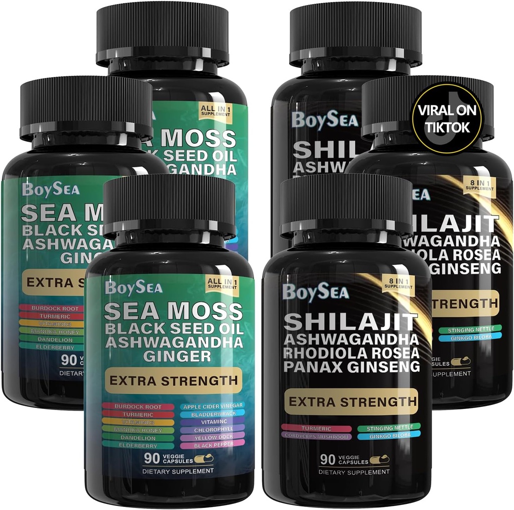Garçon. Shilajit and Sea Moss Bundle- 90 Compte - Moss de mer, huile de graines noires, Ashwagandha, Ginger & Shilajit, Rhodiola Rosea, Tous en 1 Suppléments (3 Pc)
