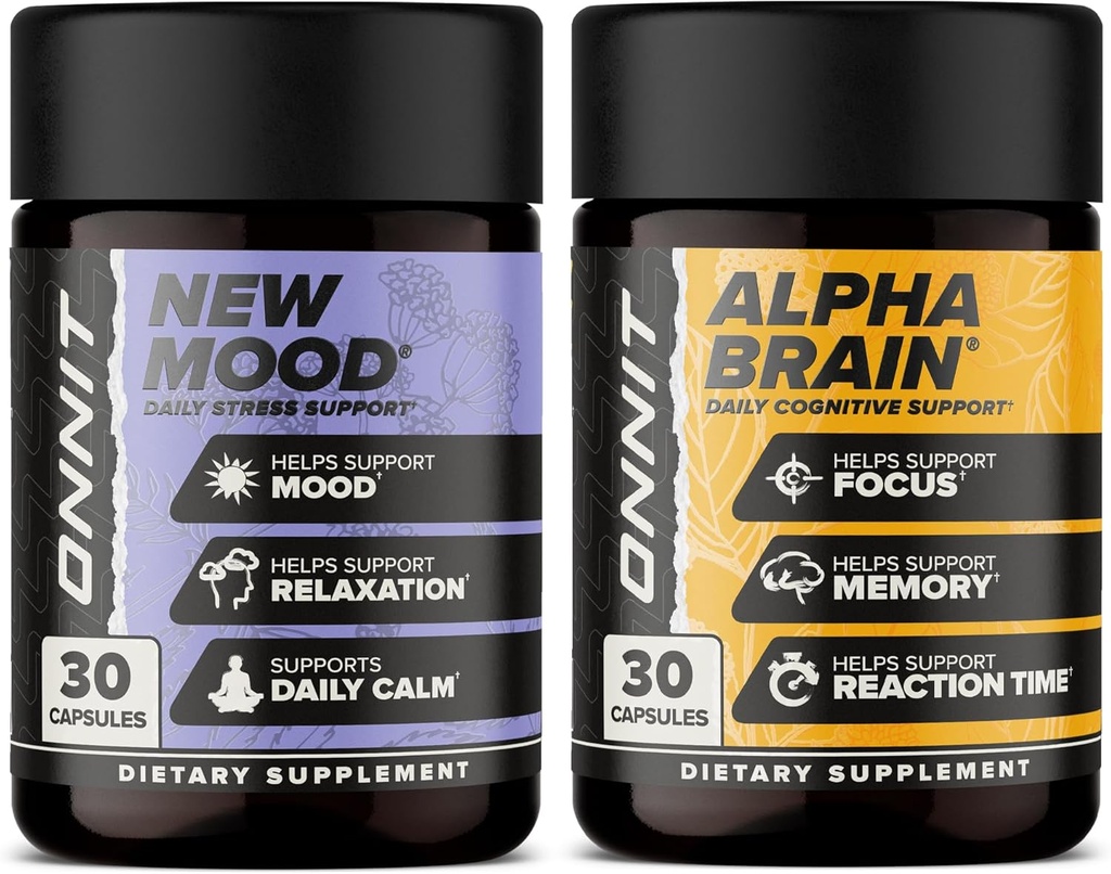 ONNIT Premium Alpha Brain Bundle - Supplément Cerveau Nootropique (30 comte) pour Focus, Concentration et Mémoire + Nouveau supplément d'humeur pour le soulagement du stress, le sommeil et l'humeur (30 comte)