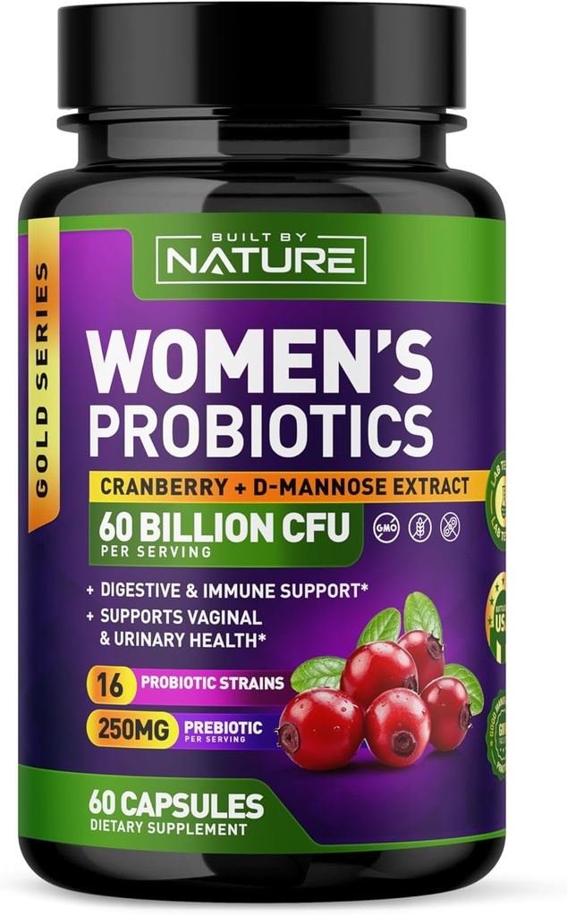 Probiotiques pour les femmes - 60 milliards d'UFC, 16 souches, avec canneberge, D-mannose et prébiotiques - soutient la santé digestive, immunitaire et vaginale - non-OGM, laitière et sans gluten - 60 capsules de légumes