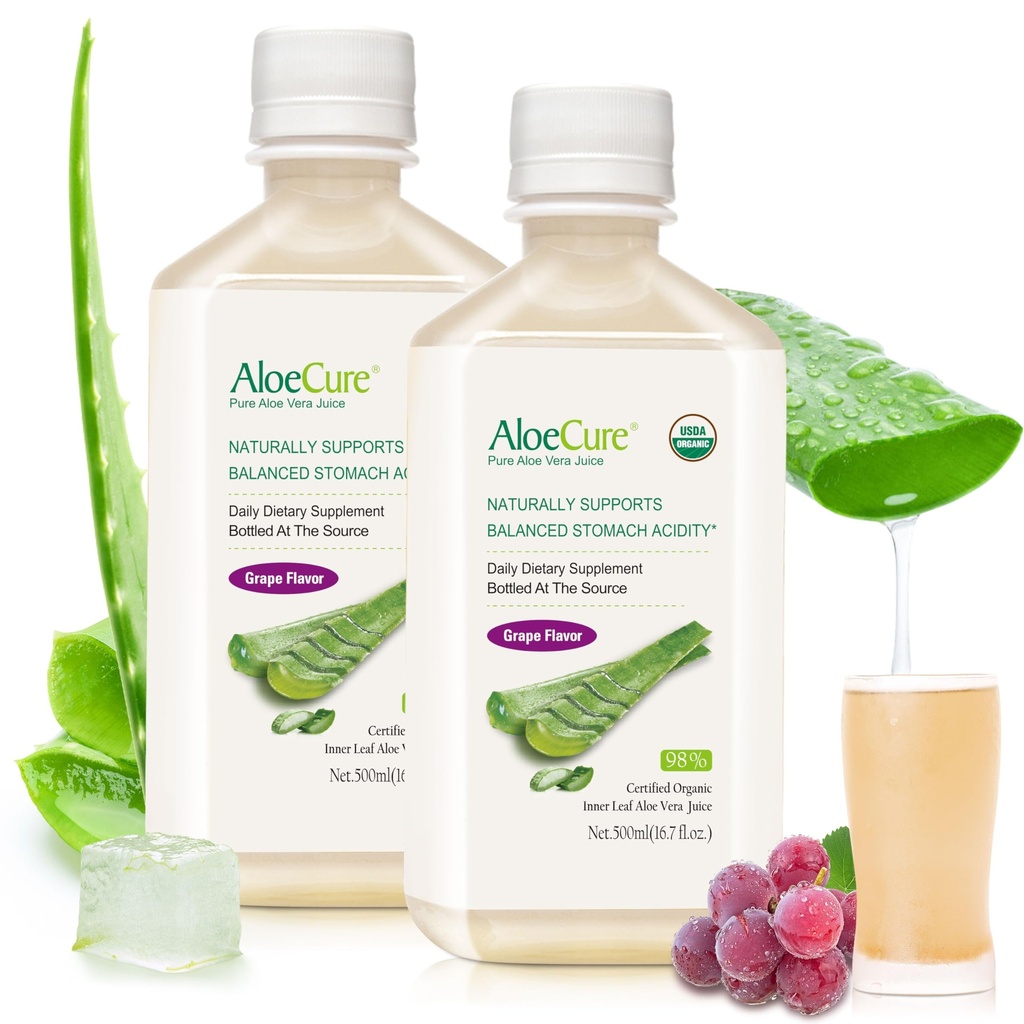 AloeCure USDA Bio Aloe Vera Saveur de raisin de jus, faite dans les 12 heures de la récolte - pur Aloe Vera supplément de santé digestif et immunitaire, aide à maintenir l'acidité équilibrée de l'estomac, 16,7oz x 2 Btls
