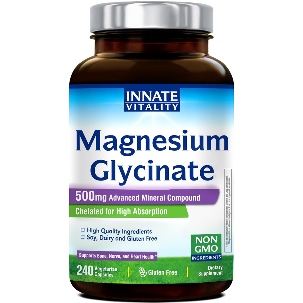 Innate Vitality Magnesium Glycinate 500mg | 70mg Elemental Magnesium Supplement - High Absorption, Non Buffered, Non-GMO & No Gluten - Vegan - Nerve Health - 240 Capsules (Pack of 1)