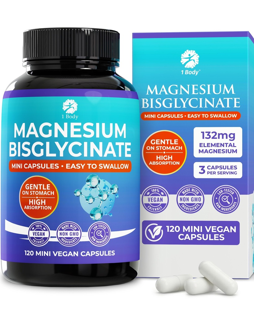 1 Body Magnesium Bisglycinate Capsules - Chelated Magnesium Supplement for Sleep Support, Muscle Cramps & Relaxation - High Absorption Formula Gentle on Stomach - 120 Count