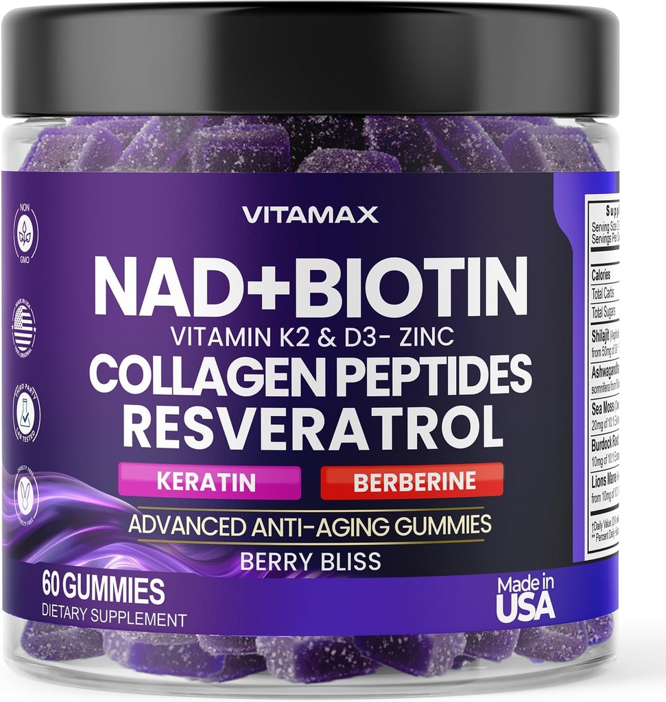 NAD+, Resveratrol, Berberine, & Biotin Anti-Aging Gummy - Hair, Skin, Nails & Joint Supplement - Collagen Peptides, Keratin, Zinc, Vitamin K2 & D3 Gummies -Regeneration- Non-GMO - Made in USA 60 Count