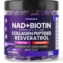NAD+, Resvératrol, Berberine, & Biotine Anti-Aging Gummy - Cheveux, peau, ongles et supplément articulaire - Collagène Peptides, kératine, zinc, vitamine K2 & D3 Gummies -Régénération - Non-OGM - Fabriqué aux États-Unis 60 Compte