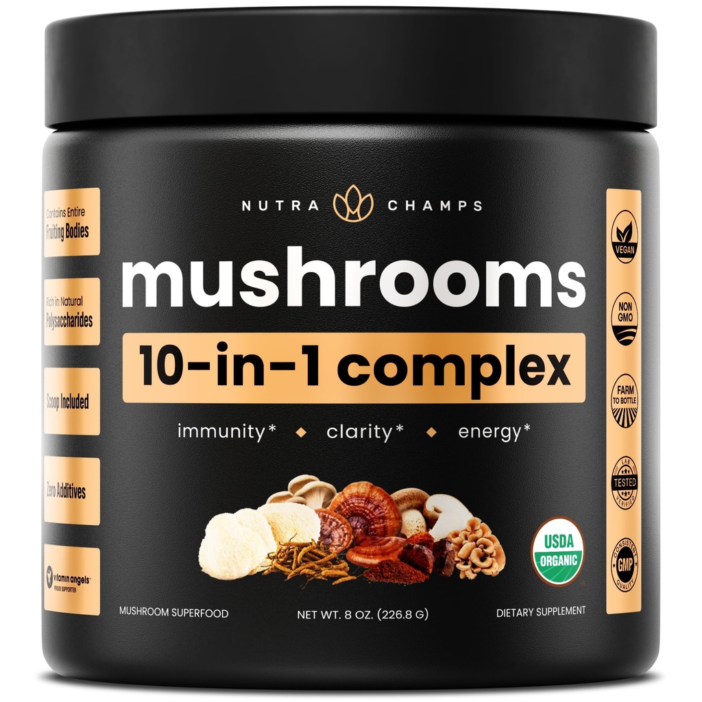 NutraChamps Poudre de champignons organiques - Complexe 10-en-1 - Mélange de poudre de complément de champignons pour la mémoire, le focus et le soutien immunitaire - 8oz (8,0 OZ, mélange de champignons)