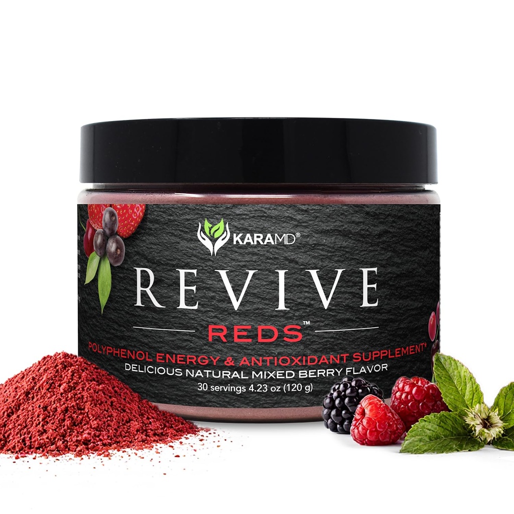 KaraMD Revive Reds | Delicious Energy Boosting Concentrated Polyphenol Blend | Vegan Friendly, Gluten Free & Non-GMO Superfood Powder | Antioxidant Powder Containing Shilajit & Enzymes (30 Servings)
